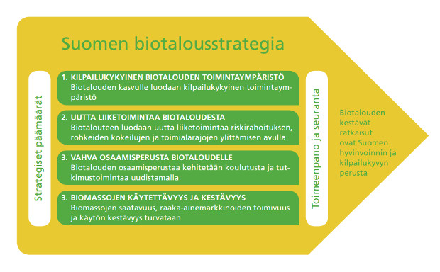 Suomen biotalousstrategian strategiset päämäärät: kilpailukykyinen toimintaympäristö, uutta liiketoimintaa, vahva osaaminen ja biomassojen käytettävyys ja kestävyys.