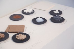 Various cellulose-related raw materials displayed in an exhibition in Aalto ARTS.