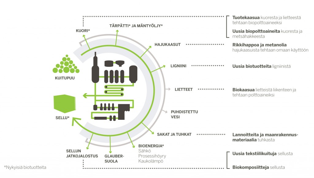 Kaaviokuva biotuotetehtaan sivuvirroista ja niiden hyödyntämismahdollisuuksista.