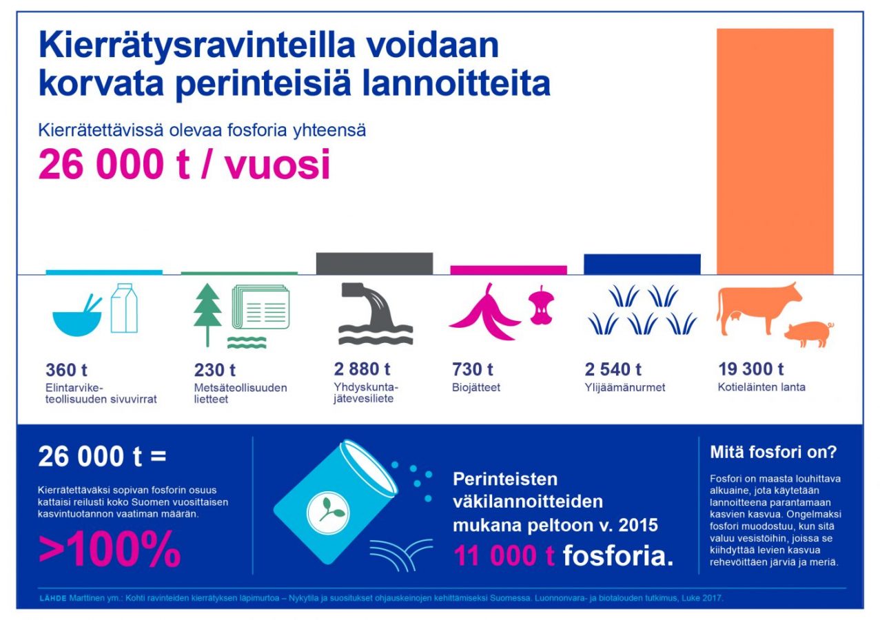 Kierrätysravinteilla voidaan korvata perinteisiä lannoitteita: kierrätettävissä olevaa fosforia yhteensä 26 000 tonnia vuodessa, josta suurin osa eli 19 300 tonnia tulee kotieläinten lannasta.