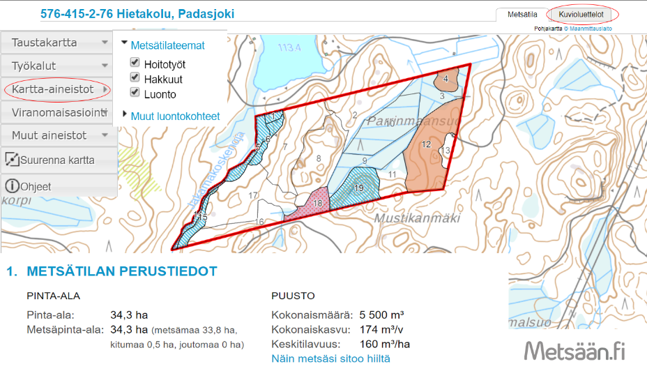 Metsään.fi-palvelun oletusnäkymä, jossa näkyy metsätilan perustiedot ja kartta