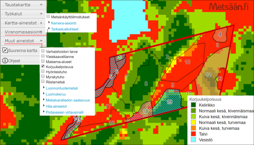 Metsään.fi-palvelun tilakartta, jonka karttakuvassa näkyy metsä- ja ympäristötietoja.