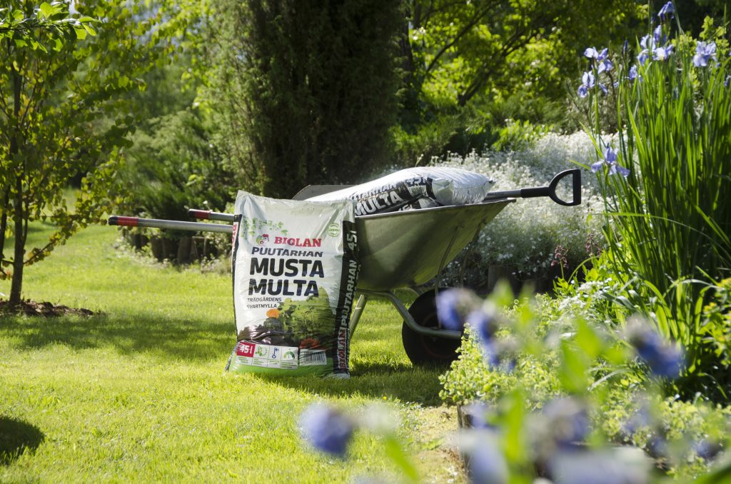 Puutarha, jossa multapussi nojaa kottikärryihin.