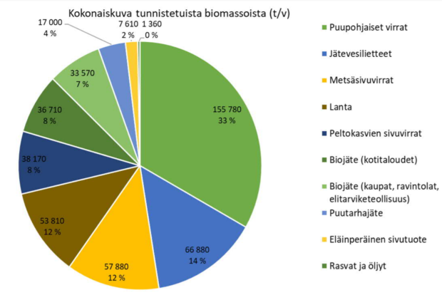 Kaavio kokonaiskuvan tunnistetuista biomassoista. Puupohjaiset virrat 33%, jätevesilietteet 14%, metsäsivuvirrat 12%, lanta 12%, peltokasvien sivuvirrat 8%, biojäte kotitalouksista 8%, biojäte palveluista 7%, puutarhajäte 4%, eläinperäinen sivutuote 2%, rasvat ja öljyt 2%. 