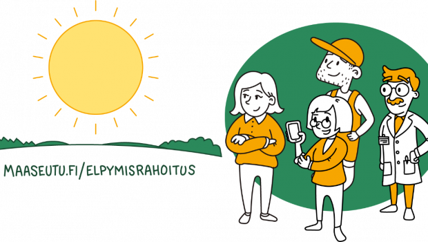 Neljä piirroshahmoa ja linkki elpymisrahoituksen sivuille.