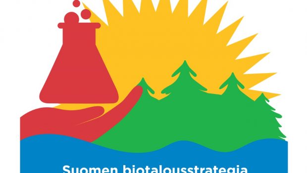 Suomen biotalousstrategia, teemakuva: aurinko, metsä, vesi ja käden yllä dekantteri.