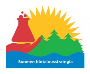 Suomen biotalousstrategia, teemakuva: aurinko, metsä, vesi ja käden yllä dekantteri.