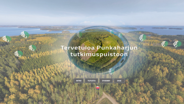 Kuvakaappaus VR-puiston etusivulta, jossa lukee: Tervetuloa Punkaharjun tutkimuspuistoon.