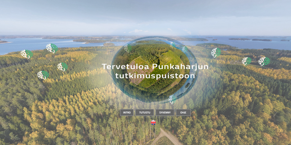 Kuvakaappaus VR-puiston etusivulta, jossa lukee: Tervetuloa Punkaharjun tutkimuspuistoon.